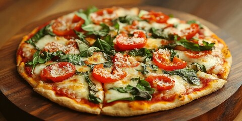 Poster - Delicious vegetarian pizza served on a wooden board creates an inviting scene. This tasty vegetarian pizza offers a closeup view of fresh ingredients and vibrant flavors for pizza lovers.