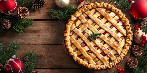 Poster - Delicious Christmas apple pie displayed on a rustic wooden background, showcasing the festive allure of a classic Christmas apple pie perfect for holiday gatherings and celebrations.