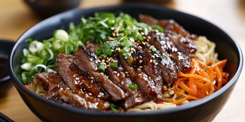 Poster - Delicious beef teriyaki bowl featuring tender beef, flavorful teriyaki sauce, served over a bed of noodles and accompanied by fresh vegetables, perfect for a satisfying meal.