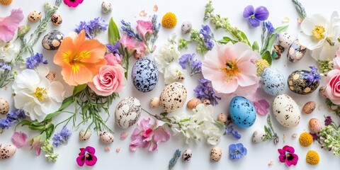 Poster - Easter composition featuring vibrant spring flowers and colorful quail eggs beautifully arranged on a white background. This Easter scene captures the essence of springtime and holiday celebrations.