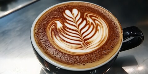 Poster - A cup of coffee showcasing stunning latte art, perfect for highlighting the artistry of coffee creation. This cup of coffee represents the skill and creativity involved in making latte art.