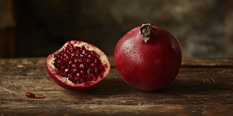 Poster - A whole grenadine and a half grenadine displayed beautifully on a rustic wooden table, showcasing the vibrant color and unique appearance of the grenadine fruit.