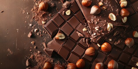 Poster - Textured background featuring milk chocolate and hazelnuts, showcasing a mouth watering food and drink concept with an abundance of hazelnuts complementing the rich chocolate.