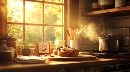 A rustic kitchen scene with fresh cinnamon rolls, a pot of coffee brewing on the stove, and an old recipe card on the counter