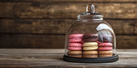 Aufkleber - Macaroons displayed under a glass bell jar on a wooden table create an inviting scene. These macaroons showcase delightful colors and textures, perfect for any dessert lover.