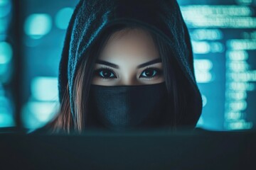 female hacker. asian woman smiling while coding in a dark cyber environment