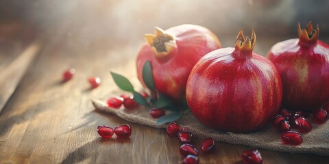 Aufkleber - Juicy red pomegranate displayed on a rustic wooden background, showcasing the vibrant and delicious nature of pomegranate. This image captures the essence of fresh, juicy pomegranate beautifully.