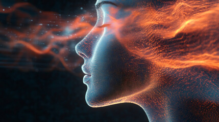 Poster - Digital human face emerging from data flow, representing artificial intelligence, deep learning, and neural networks