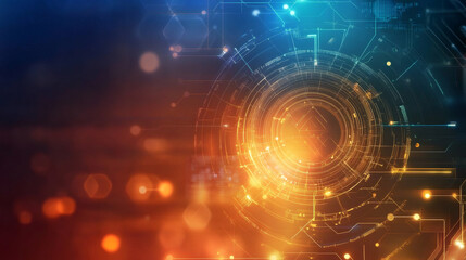 Poster - Abstract technological background with rotating circular hud interface, glowing lines and bokeh lights, representing innovation and progress