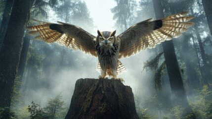 A large owl with outstretched wings landing on a tree stump in a misty forest.