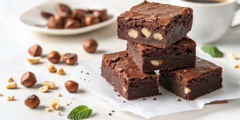 Aufkleber - A delightful stack of chocolate brownies featuring mint and hazelnuts sits on baking paper against a light backdrop, accompanied by a cup of coffee and additional nuts, perfect for breakfast moments.