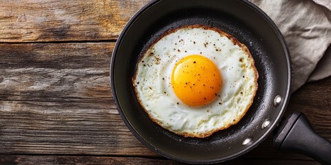 Poster - Tasty fried egg in a frying pan on a rustic wooden table, captured from a flat lay perspective, showcasing the deliciousness of a perfectly cooked fried egg.