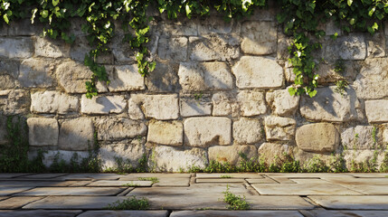 Aufkleber - Ivy-covered stone wall bathed in sunlight with a tiled floor below