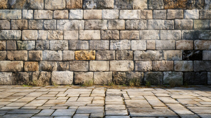 Poster - Empty urban background with an old stone wall and cobblestone street, ideal for displaying products or designs