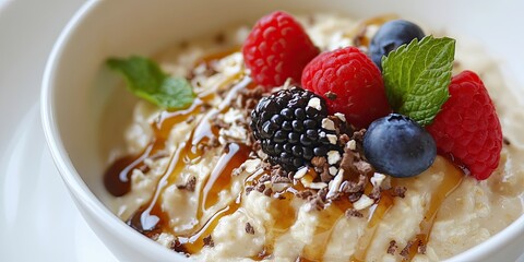 Poster - Rolled oats porridge topped with honey drizzles, creating a delicious and nutritious breakfast. Enjoy rolled oats porridge for a healthy and dietary start to your day.
