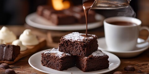 Delicious chocolate brownies paired with rich hot chocolate create a perfect indulgence. Enjoy the delightful combination of chocolate brownies and hot chocolate for a sweet treat experience.