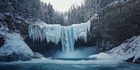 Aufkleber - A stunning view of a frozen waterfall surrounded by a serene forest during a chilly winter day showcases the beauty of nature s frozen creations and the magic of a winter landscape.