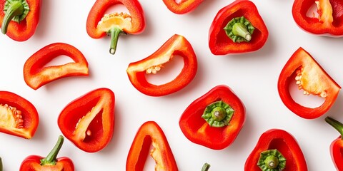 Poster - Freshly sliced sweet red pepper showcased on a white background. This top view highlights the vibrant color and fresh appeal of sweet red pepper, perfect for culinary presentations.
