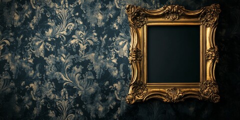 Poster - Gold frame displayed against an elegant black vintage wallpaper background, showcasing the contrast between the intricate design of the gold frame and the rich texture of the wallpaper.