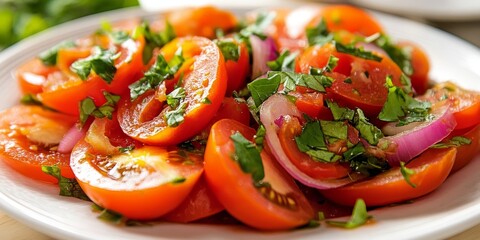 Poster - Fresh tomato salad featuring onion and vibrant herbs served on a white plate, showcasing the delightful blend of flavors in this tomato salad creation perfect for any occasion.