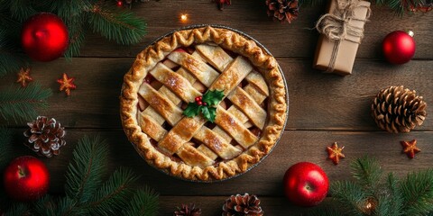 Poster - Delicious Christmas apple pie displayed on a rustic wooden background, showcasing the festive allure of a classic Christmas apple pie perfect for holiday gatherings and celebrations.