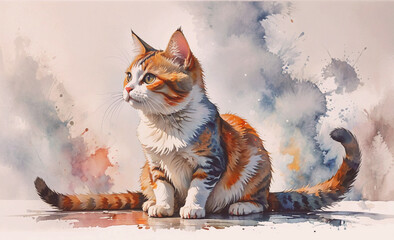 Poster - Cat is sitting on a table. It has a white belly and orange and black stripes. The cat is looking at the camera