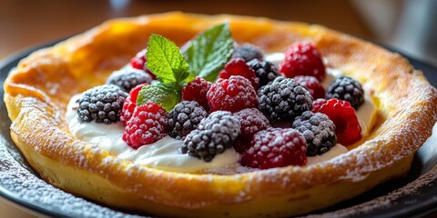 Poster - Selective focus on a Dutch baby pancake adorned with berries and yogurt. This delicious Dutch baby pancake is a popular dessert that captivates with its vibrant toppings and inviting presentation.