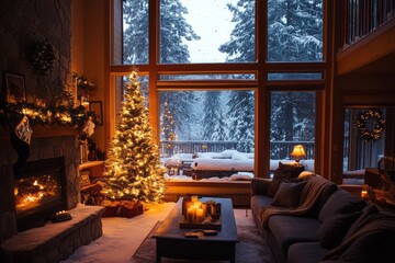 Poster - Cozy Christmas Cabin Scene With Snow Falling Outside