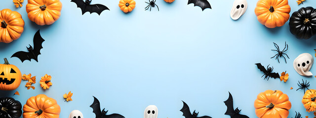 Canvas Print - halloween holiday background with party decorations of pumpkins, bats, ghosts, spiders on blue top v
