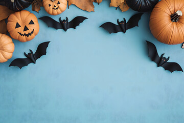 Wall Mural - Halloween frame with party decorations of pumpkins, bats, ghosts, spiders on blue background from above. Happy halloween card in flat lay style.