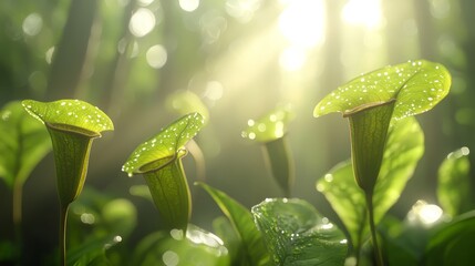 Poster - Lush Photorealistic Close-Up of Dewy Green Leaves in Sunlit Forest Environment with Soft Bokeh Background