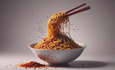 Poster - Bowl of noodles with chopsticks in it. The noodles are in the air. There is a red bowl on the table