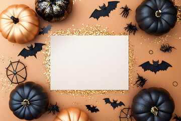 Canvas Print - halloween party background with paper card and fashion black and gold pumpkins with holiday decorati