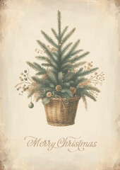 Wall Mural - Watercolor vintage card with Christmas tree in a wicker basket.