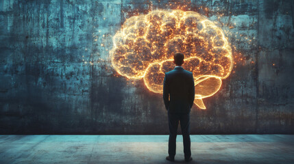 Poster - businessman admiring glowing digital brain outline on concrete wall, representing artificial intelli