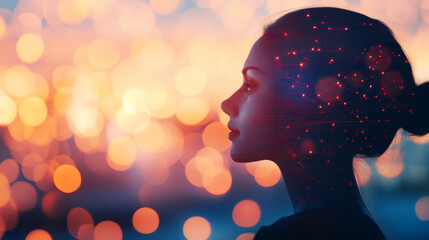 Aufkleber - Artificial intelligence concept showing data processing inside woman's head against bokeh background