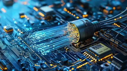 Aufkleber - Illuminated fiber optic cables glowing blue in a low-resolution closeup technology lab environment abstract concept