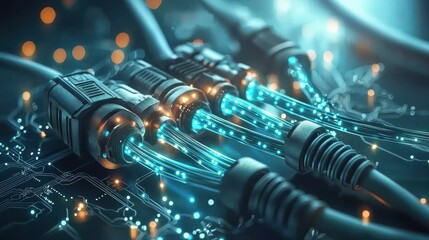 Poster - Closeup of glowing fiber optic cables technology hub digital art low-resolution setting macro view futuristic concept