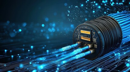 Poster - Illuminating fiber optic cables glowing in blue light technology scene close-up view low-resolution background digital connectivity concept