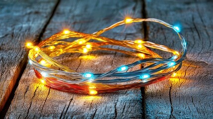 Poster - illuminating fiber optic cable bundle in multicolor glow on rustic wooden surface technology concept