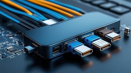 Aufkleber - Macro shot of a laptop docking station with multiple low resolution cables technology setup close-up view modern workspace detail focused perspective for enhanced visual appeal