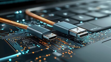 Leinwandbilder - Connecting technology macro shot of a usb-c cable on a sleek modern laptop close-up view high-tech environment for enhanced user experience