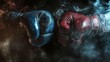 © Sandaru Photography - Close-up of male hands in red and blue boxing gloves colliding, symbolizing power, strength, and competition in a fierce battle on a smoky dark background.