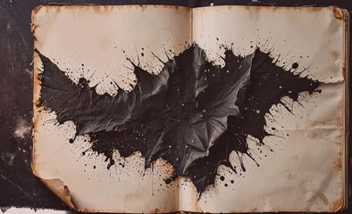 Poster - Book with a black leaf on it. The leaf is black and has a lot of black paint on it