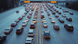© Daily Stock - A busy toll road with long lines of cars waiting to pass through the gates.