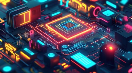 Poster - Modern tech illustration shows app modernization. Colorful circuit board displays transformation. New tech replaces old apps. Bright colors symbolize progress, innovation. Illustration conveys