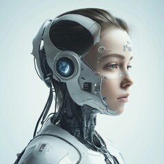 Poster - Cyborg woman profile view. Futuristic tech concept. AI, tech development. Young girl with tech components. Girl with mechanical body parts. Advanced robotic features. Modern design. Innovative