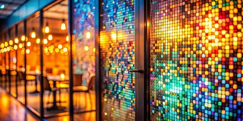 Wall Mural - Abstract Mosaic Wall with Mono Light and Bokeh Effects on Glass Door in a Blurred Meeting Room, Perfect for Art Wallpaper and Textured Backgrounds