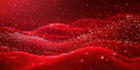 Poster - Abstract red background with network mesh, particle connections. Wavy background design. Tech abstract photo great for websites apps related to data science, futuristic design, digital art. Image