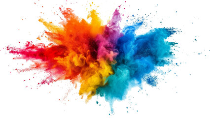 Wall Mural - Multicolored powder explosion isolated on white background. An explosion of colorful powder is spreading on a white surface beneath. A colorful explosion powder white background.